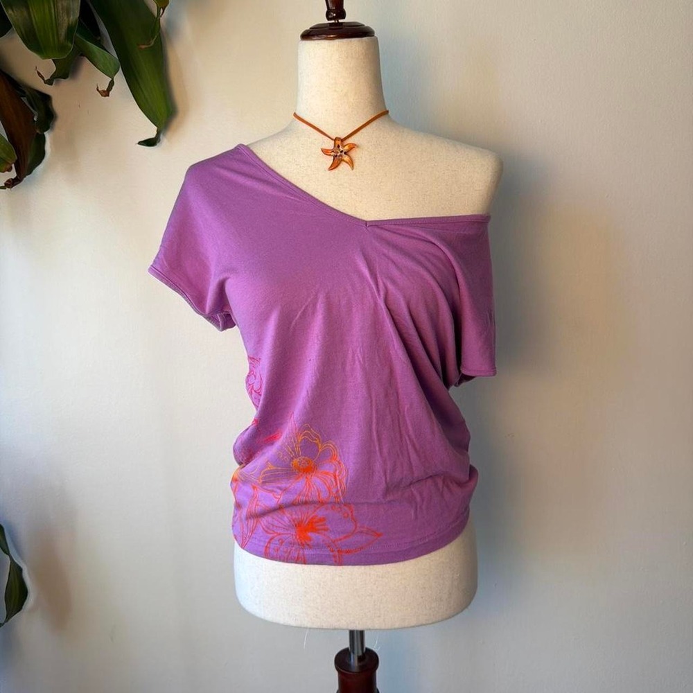 Vintage Roxy Purple Hibiscus Flower Off Shoulder Slouchy Top Small Surfcore Boho